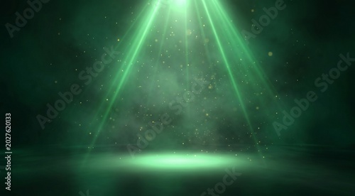 Dark green abstract background illuminated by bright neon green spotlight beams descending from the top center, glowing mystical atmosphere with floating sparkling particles and dust, cinematic volume