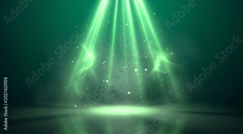 Abstract green spotlight background with glowing light rays shining from above, vibrant emerald and neon green gradient, magical particles floating in the air, cinematic stage illumination, soft glow