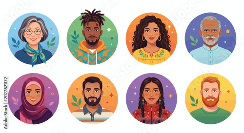 Collection of diverse human avatars in round frames, illustrating the concept of global unity and individual identity within a vibrant community