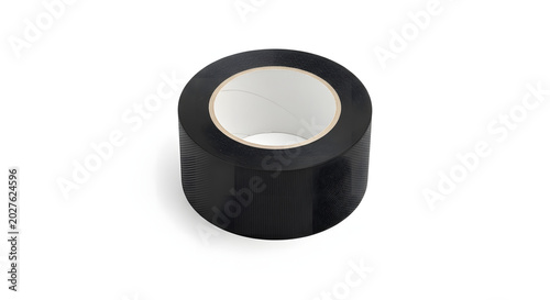 Fotografie Single roll of professional matte black gaffer tape with visible cloth texture and white cardboard core, isolated on a solid white background for film, stage, and studio production