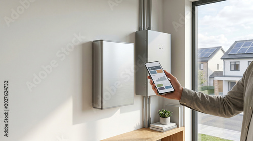 Homeowner managing household energy trading with battery storage and mobile control