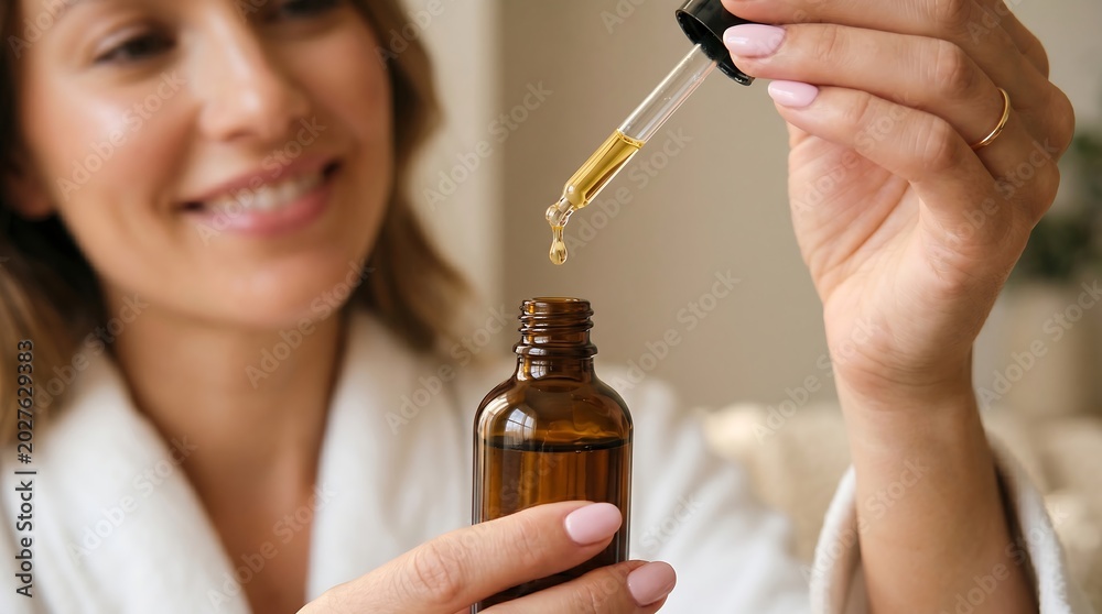 Fototapeta premium Smiling woman in a bathrobe applying a nourishing facial serum or essential oil with a dropper, focusing on a natural beauty and self-care routine for healthy, radiant skin