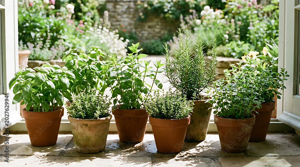 Fototapeta premium Assortment of fresh potted culinary herbs growing vibrantly on an outdoor stone patio windowsill
