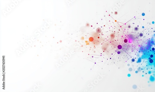 Colorful interconnected nodes and thin lines forming an abstract network of glowing circles and dots on a white background, conveying dynamic futuristic connectivity and energy