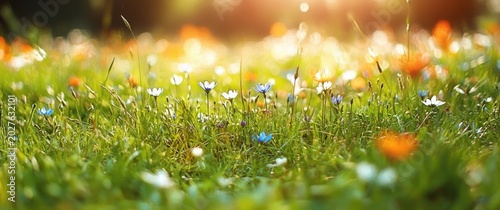 sunlit wildflower meadow with tiny white blue and orange blooms in dewy grass, dreamy warm morning glow
