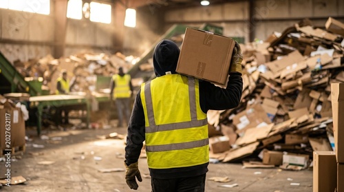  Ouvrier en gilet de haute visibilité portant une boîte en carton dans un grand entrepôt de recyclage ou une déchetterie