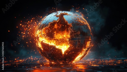 digital earth globe with glowing molten cracks and wireframe continents, surrounded by flying embers and smoke, conveying dramatic apocalyptic heat and intense destruction
