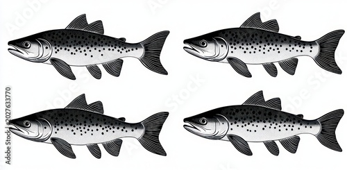 Four black and white stylized trout illustrations with spotted bodies arranged in two rows on a clean white background, orderly and calm