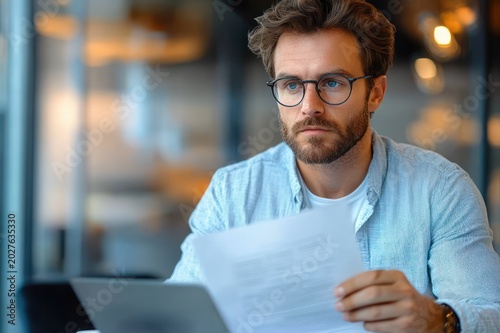 young man in light blue shirt reading paperwork at a laptop in a modern office, focused and thoughtful