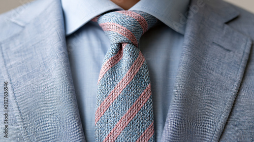 Close-up of a man wearing a light blue suit and a striped tie