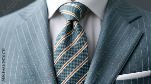 Close up of a man wearing a light blue pinstripe suit with a white shirt and striped tie pocket square
