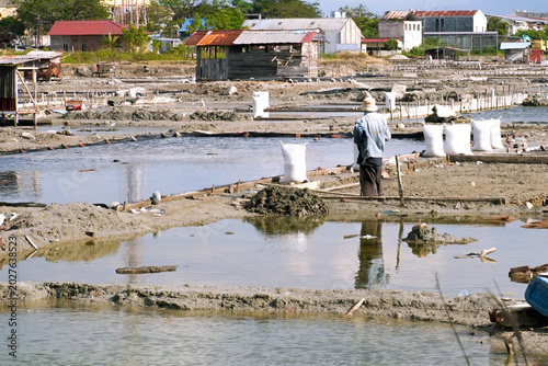 Farmer walks through muddy tidal flats. White sacks line the wet earth beside him. Rows of concrete barriers separate shallow ponds. Sunlight glints off water, casting clear reflections