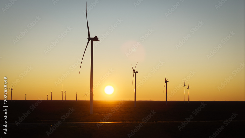 Fototapeta premium Wind turbines generating renewable energy during sunset near Puerto Madryn in Patagonia Argentina.