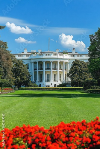 grand white neoclassical government mansion with tall columns, manicured green lawn, red flower beds, surrounding trees and bright blue sky conveying calm pride