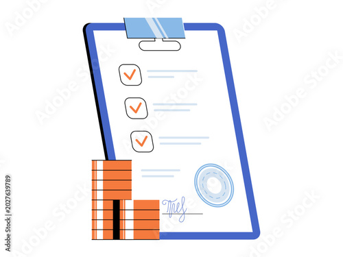 Clipboard with checklist and money stacks vector illustration. Business agreement, financial planning, loan approval, tax compliance, insurance claim, project completion. Document with checkmarks