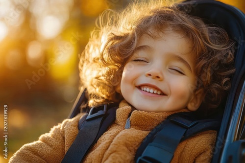 curly-haired child bundled in a fuzzy yellow jacket strapped into a car seat or stroller with black harness, warm golden backlight and peaceful autumn mood