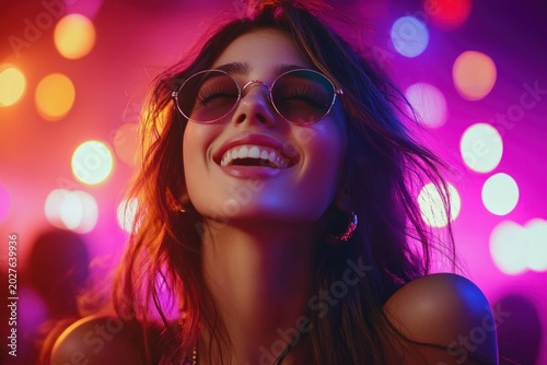 person with long flowing hair and bare shoulders in vibrant neon nightclub lights and colorful bokeh, blurred face conveying dreamy euphoric mood
