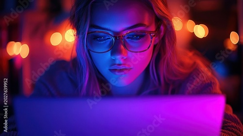 person leaning over laptop bathed in purple and pink screen glow with warm bokeh string lights, wearing a cozy sweater, focused and contemplative in a moody nighttime scene