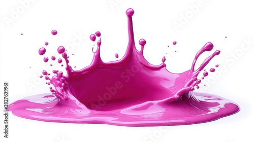 vibrant magenta paint splash crown with flying droplets and glossy liquid surface on white background conveying energetic playful motion