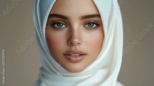 Softly lit close-up portrait of a person wearing a white draped headscarf against a muted beige background conveying calm and serenity