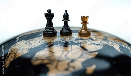 three chess pieces, two black and one gold, standing on a glossy globe with a golden world map, evoking global strategy, power and tense competition
