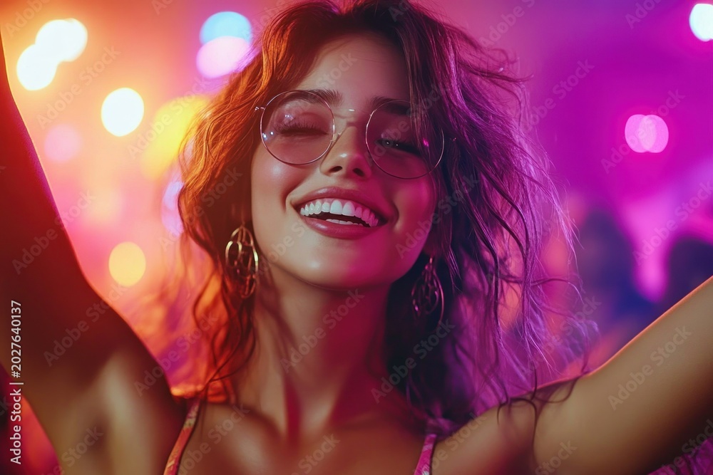 Obraz premium woman dancing with arms raised amid colorful neon nightclub lights, carefree joyful energetic party mood