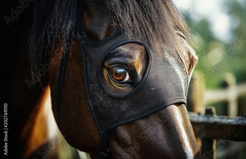 Close-up of a brown horse eye wearing a black mesh fly mask, soulful and calm gaze by a wooden fence in soft warm light
