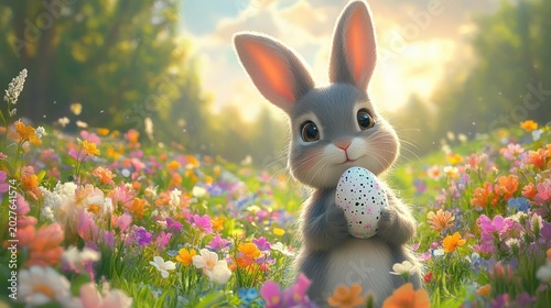 cute gray bunny holding a speckled egg in a sunlit wildflower meadow with a joyful, tender expression
