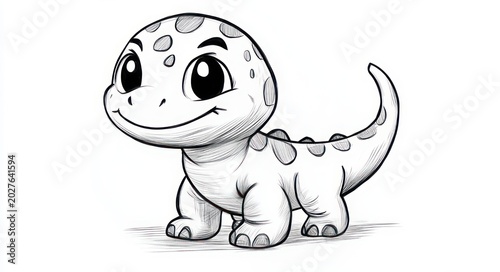 smiling baby dinosaur sketch with big expressive eyes and spotted back, chubby rounded body and short legs standing on simple ground with a playful friendly expression