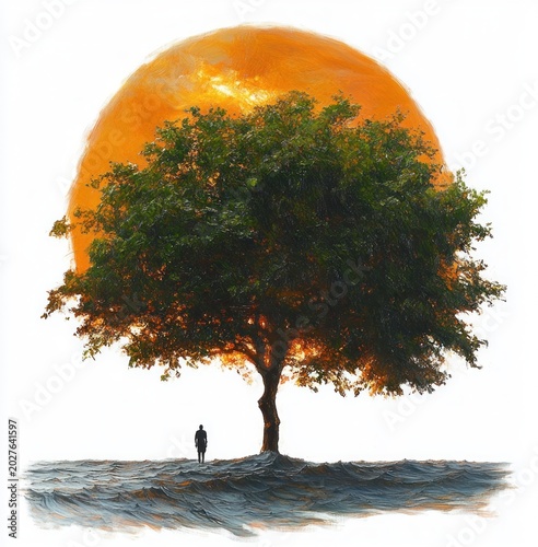 Solitary figure beneath a sprawling green tree on a textured wave-like shore with a towering orange sun, evoking quiet solitude and awe