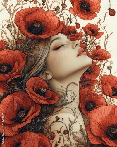 Serene woman enveloped by abundant red poppy blooms with flowing hair and delicate botanical body art