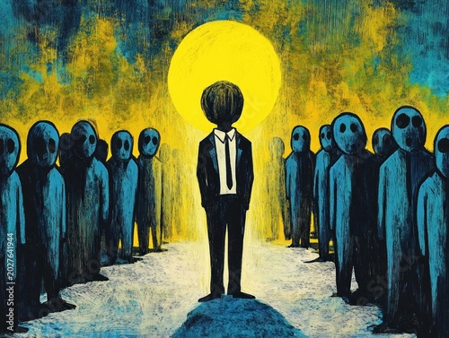 Solitary suited figure with featureless round head standing before a glowing yellow circle, surrounded by faceless blue figures in a textured eerie scene of isolation and alienation