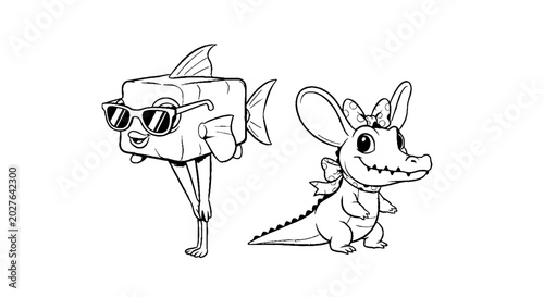 Funny Boxfish in Sunglasses and Crocodile with Bow