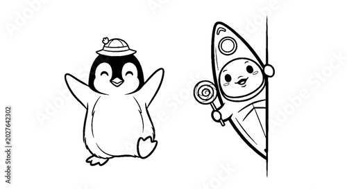 Joyful Penguin and Small Bird in Kayak with Lollipop