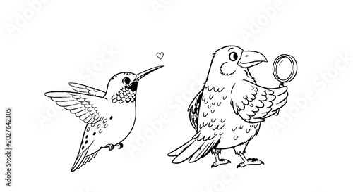 Hummingbird and Crow Holding Magnifying Glass Character Art