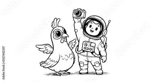 Astronaut taking a photo with a funny chicken