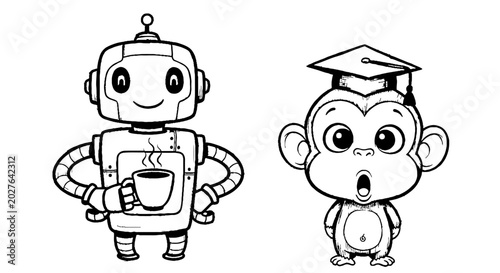 Friendly coffee robot and graduate monkey character