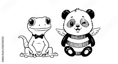 Friendly gecko with bowtie and winged panda bee