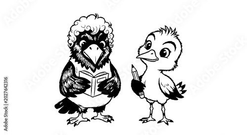 Intellectual crow reading a book and chick with a pencil
