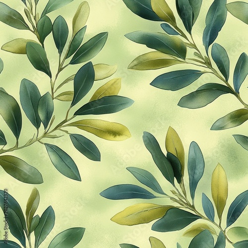 soft watercolor illustration of overlapping green leafy branches on a pale green background conveying a calm, fresh, serene mood