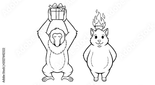 Proboscis Monkey Holding Gift and Cat with Flame