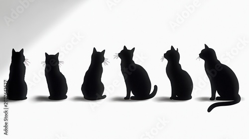 Six black cat silhouettes sitting in a row on a white background with soft shadows, calm and contemplative mood