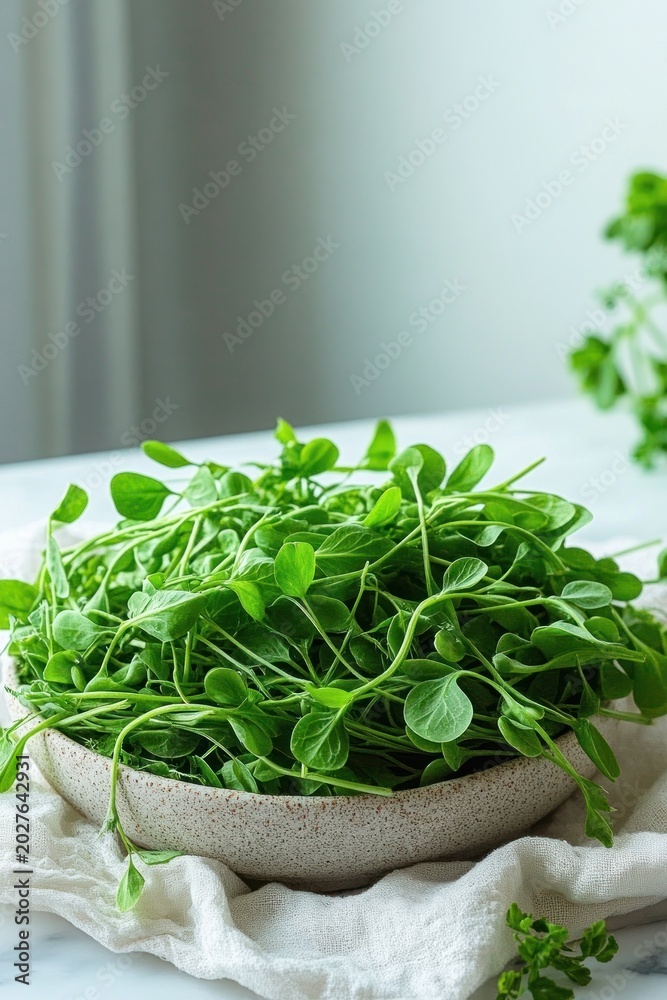 Fototapeta premium bowl of fresh green microgreens on a white linen cloth on a sunlit table, bright and fresh