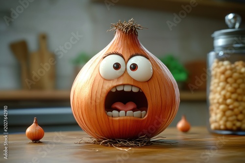large anthropomorphic onion with wide eyes and open mouth looking shocked on a wooden kitchen counter beside smaller onions and a jar of legumes