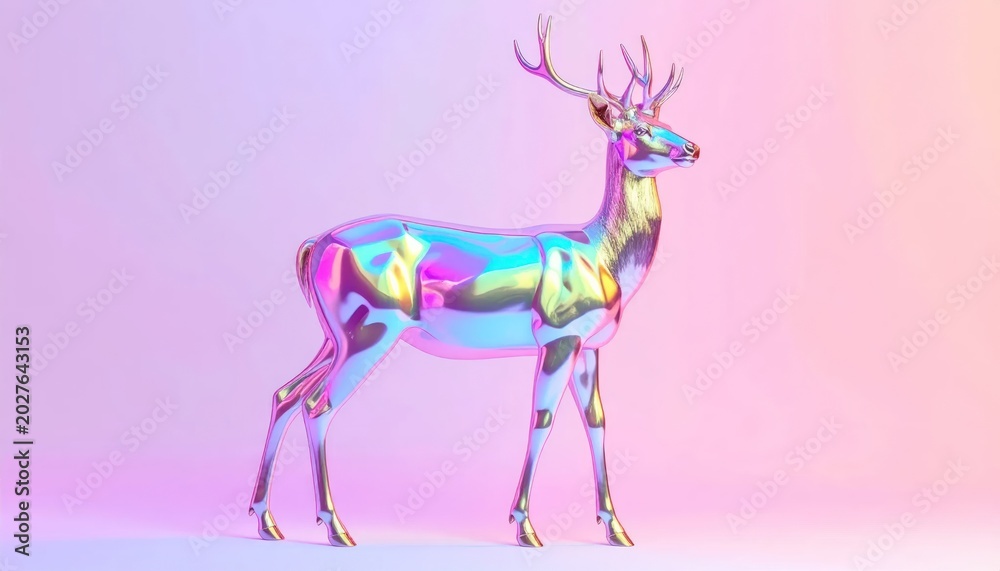 Obraz premium Iridescent Glass Deer Standing on Pastel Pink Studio Background