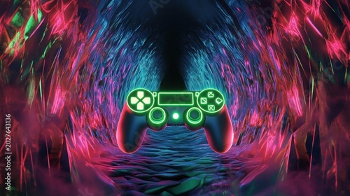 neon green glowing game controller floating in a vibrant magenta and teal tunnel, futuristic cyberpunk atmosphere conveying immersive excitement and electric energy