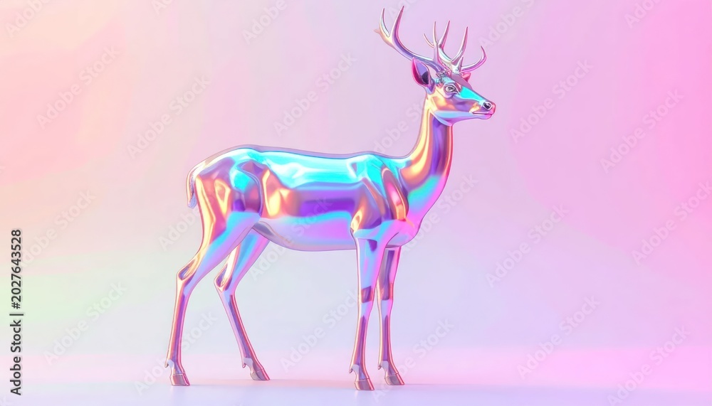 Fototapeta premium Iridescent Metallic Deer Standing in Pastel Pink Studio Setting