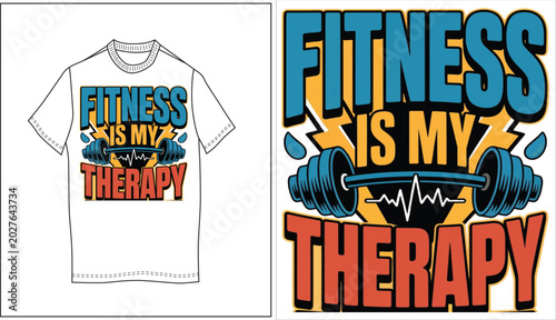 Schilderij op canvas Fitness is my therapy typography gym t-shirt design