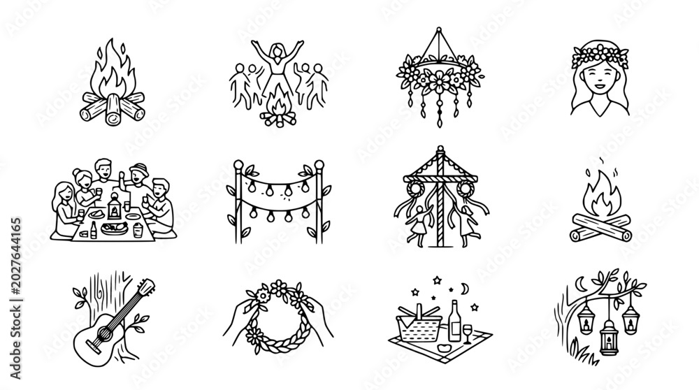 Obraz premium Summer Celebration Icons: Bonfire, Dancing, Maypole, Feast, Guitar, Wreath, Lanterns