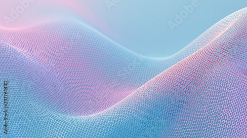 Abstract undulating mesh landscape in soft pastel colors of pink, purple, and blue, creating a futuristic and serene visual